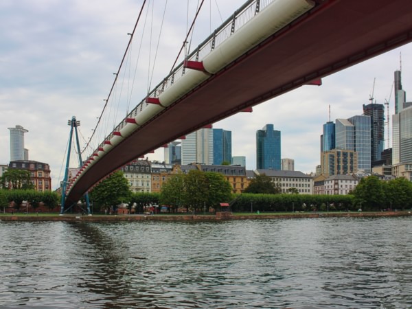 Holbeinsteg und Skyline vom Sachsenhäuser Museumsufer aus gesehen, 2024.