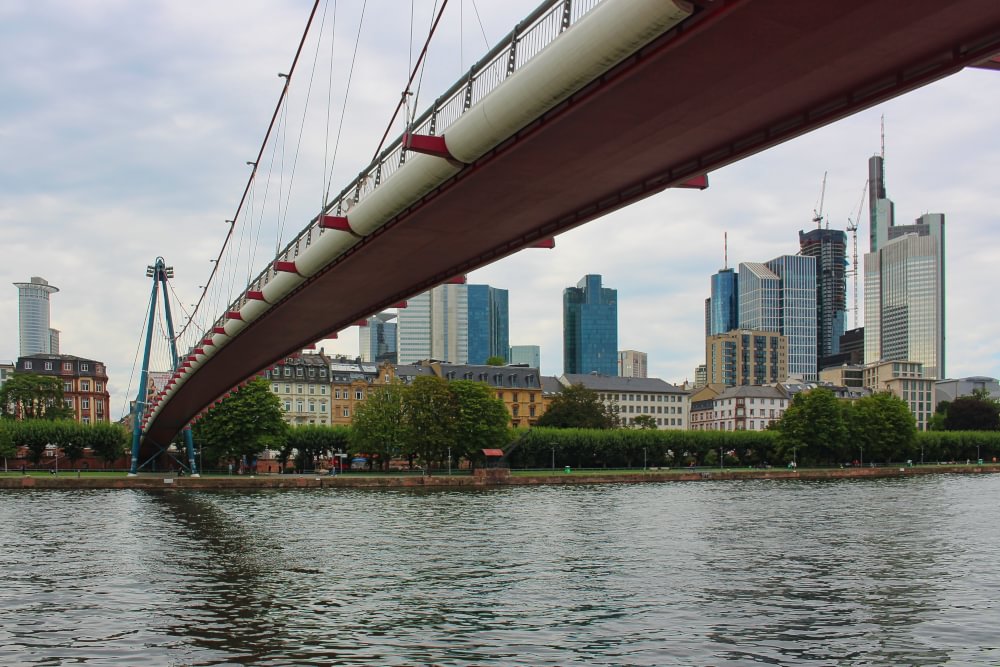 Holbeinsteg vor Skyline vom Museumsufer aus gesehen, 2024.