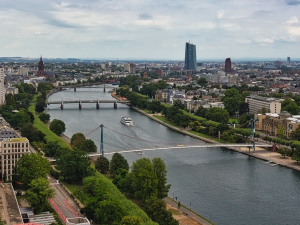 Flusspanorama mit Mainbrücken vom Hochhaus Main Forum mit Blick nach Osten, 2024.