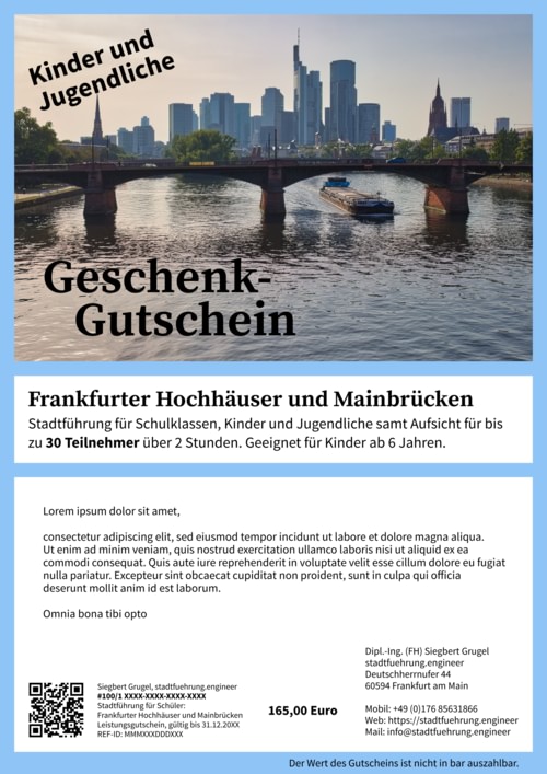 Mustergutschein für eine Stadtführung für Kinder und Jugendliche.