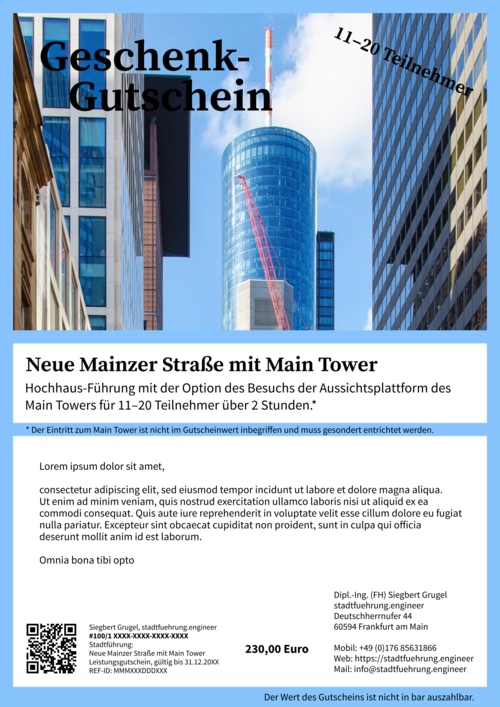 Mustergutscheine für die Stadtführung Neue Mainzer Straße mit Main Tower.