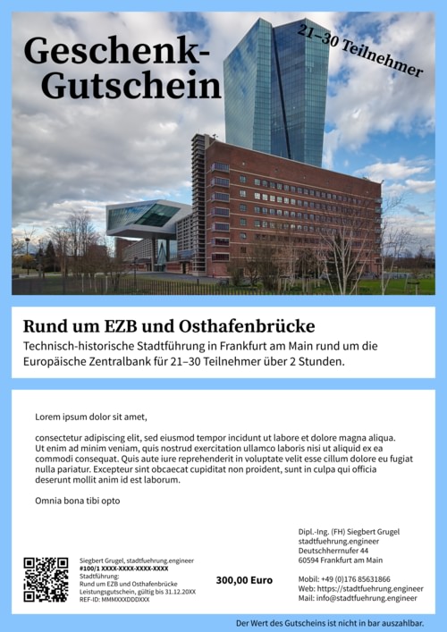 Mustergutschein für die Stadtführung Rund um EZB und Osthafenbrücke.