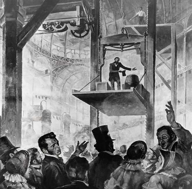 Demonstration des hydraulischen Sicherheitsaufzuges mit Fangvorrichtung durch Elisha Graves Otis im New Yorker Crystal Palace während der ersten Weltausstellung, 1854.
