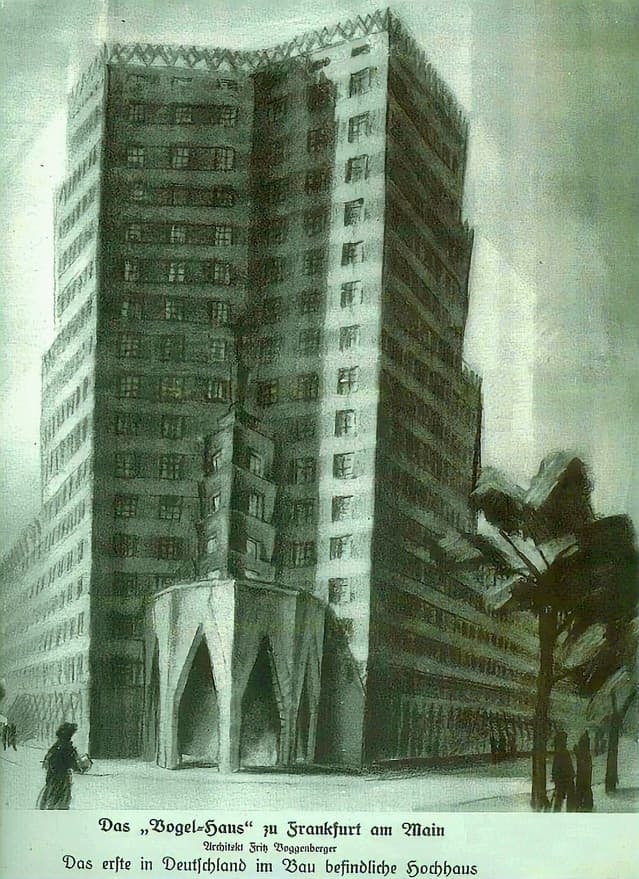 Voggenbergers Entwurf eines Hochhauses in Frankfurt, um 1922.