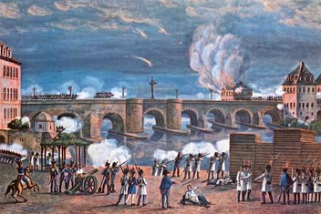 Schlacht um die Alte Brücke zwischen Truppen Napoleons und Bayerns.