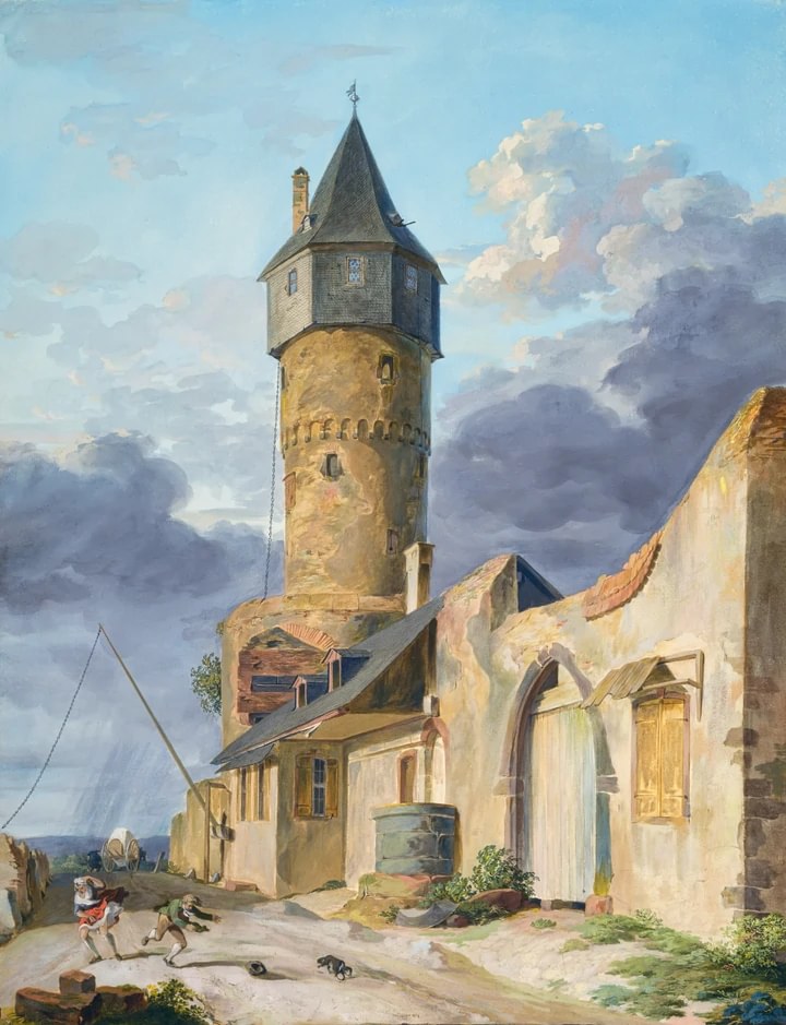 1478 errichtete Friedberger Warte. Aquarell und Gouache auf Vergépapier von Anton Radl (1774–1852).