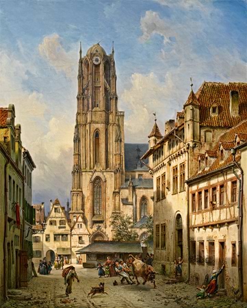 Blick auf die Südseite des Frankfurter Doms. Gemälde von Michael Neher, 1860.