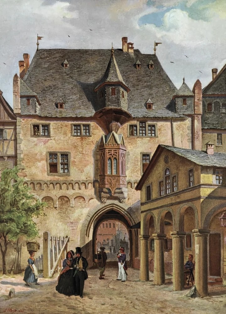 Gemälde von Johann Gerhard Malss (1819–1885), 1840 niedergelegtes Fahrtor zwischen Römer und Eisernem Steg.