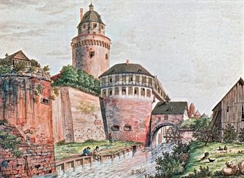 Mainzer Bollwerk, südwestliche Bastion der Frankfurter Stadtbefestigung. Niedergelegt 1809–1818.