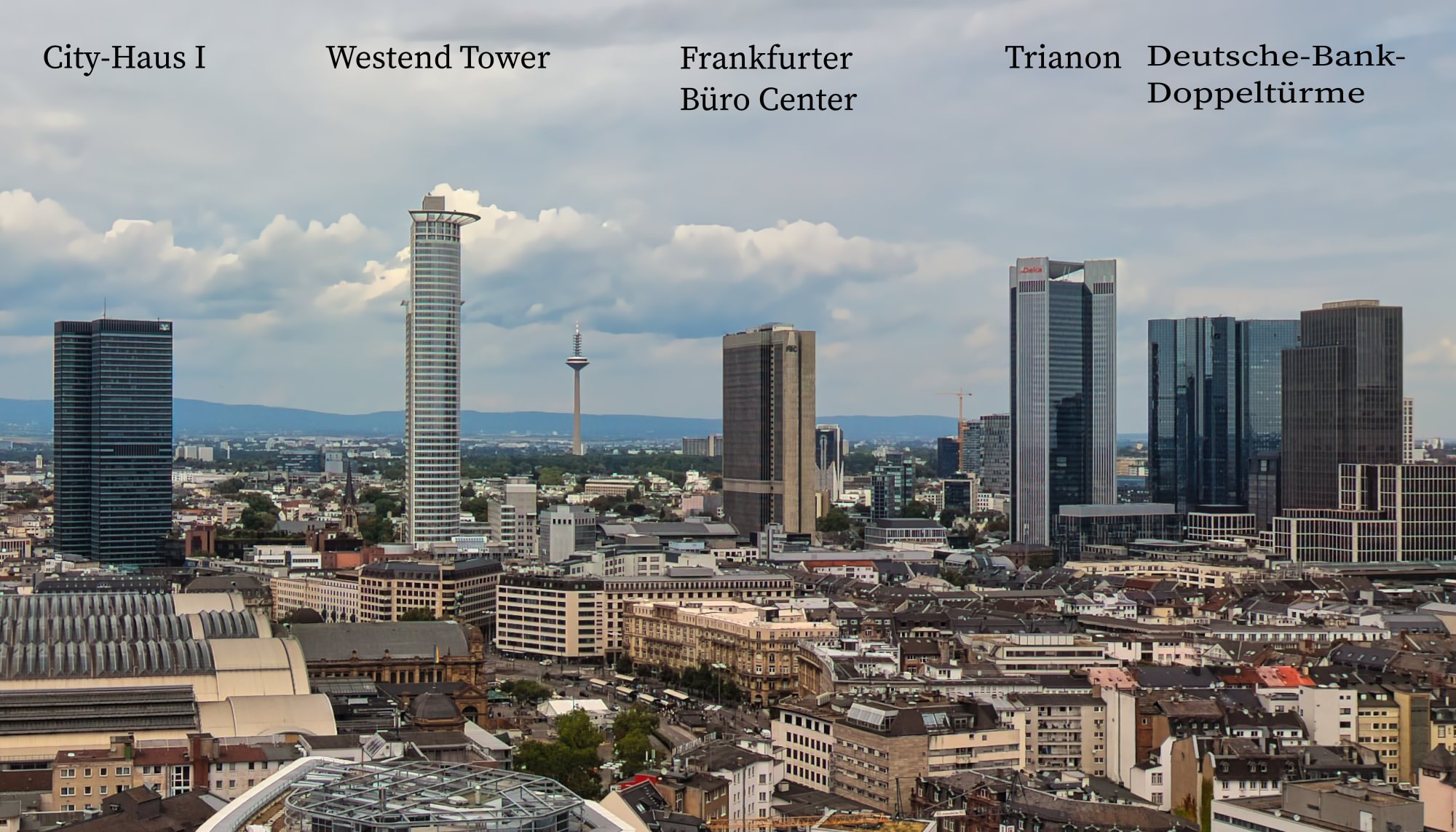 Hochhäuser der Mainzer Landstraße vom Main Forum gesehen, 2024.