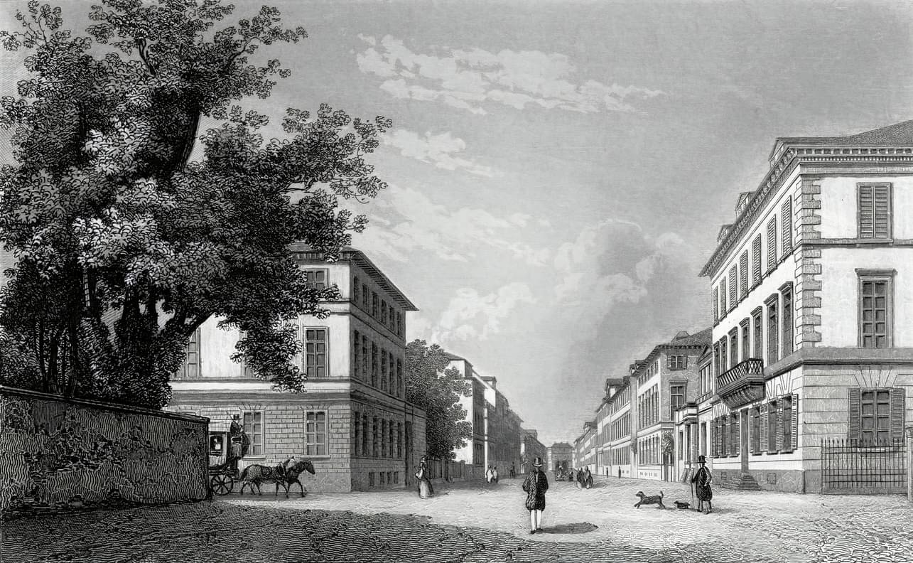Jakob Fürchtegott Dielmann, Stahlstich der Frankfurter Neuen Mainzer Straße, 1845.