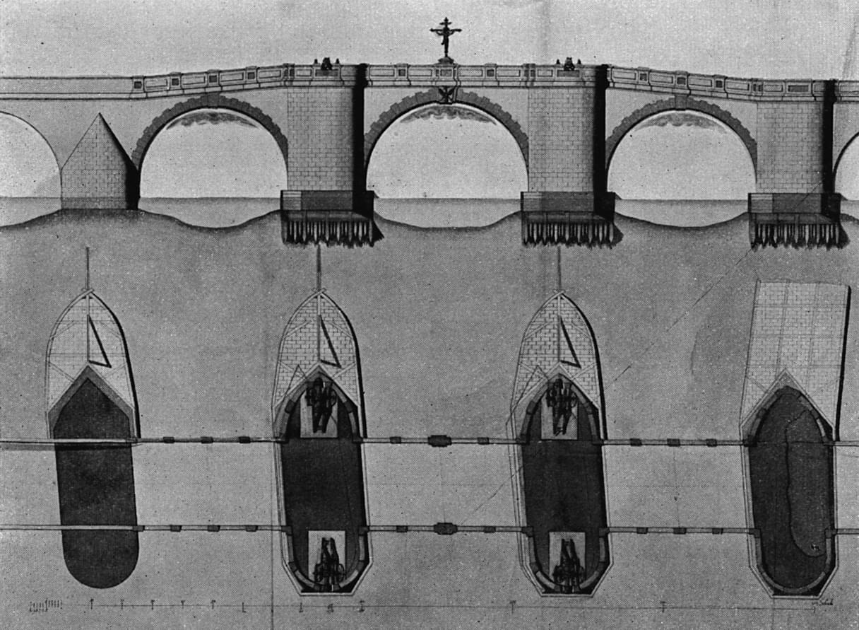 Bild zur Stadtführung. Alte Brücke, Projekt Samhammer nach Uffenbach, 1742.